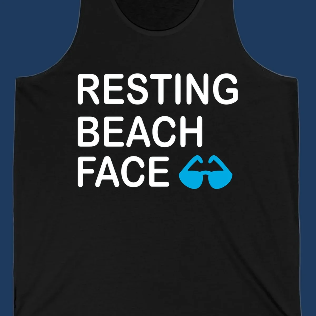 White text reading 'RESTING BEACH FACE' with a blue mustache graphic on gray background