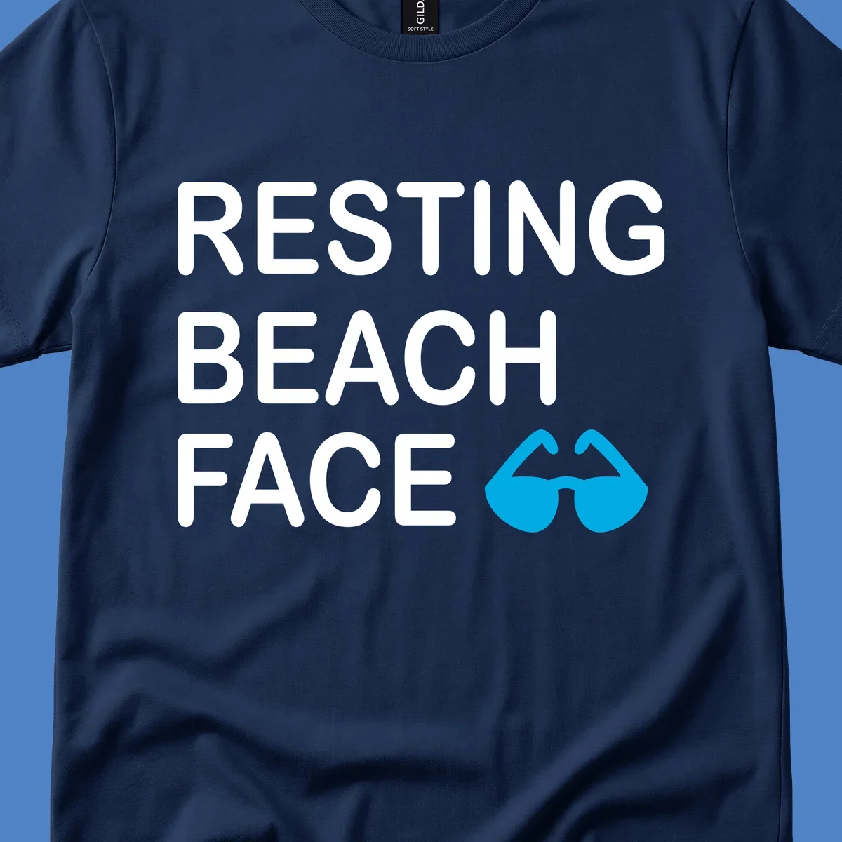 White text reading 'RESTING BEACH FACE' with a blue mustache graphic on gray background
