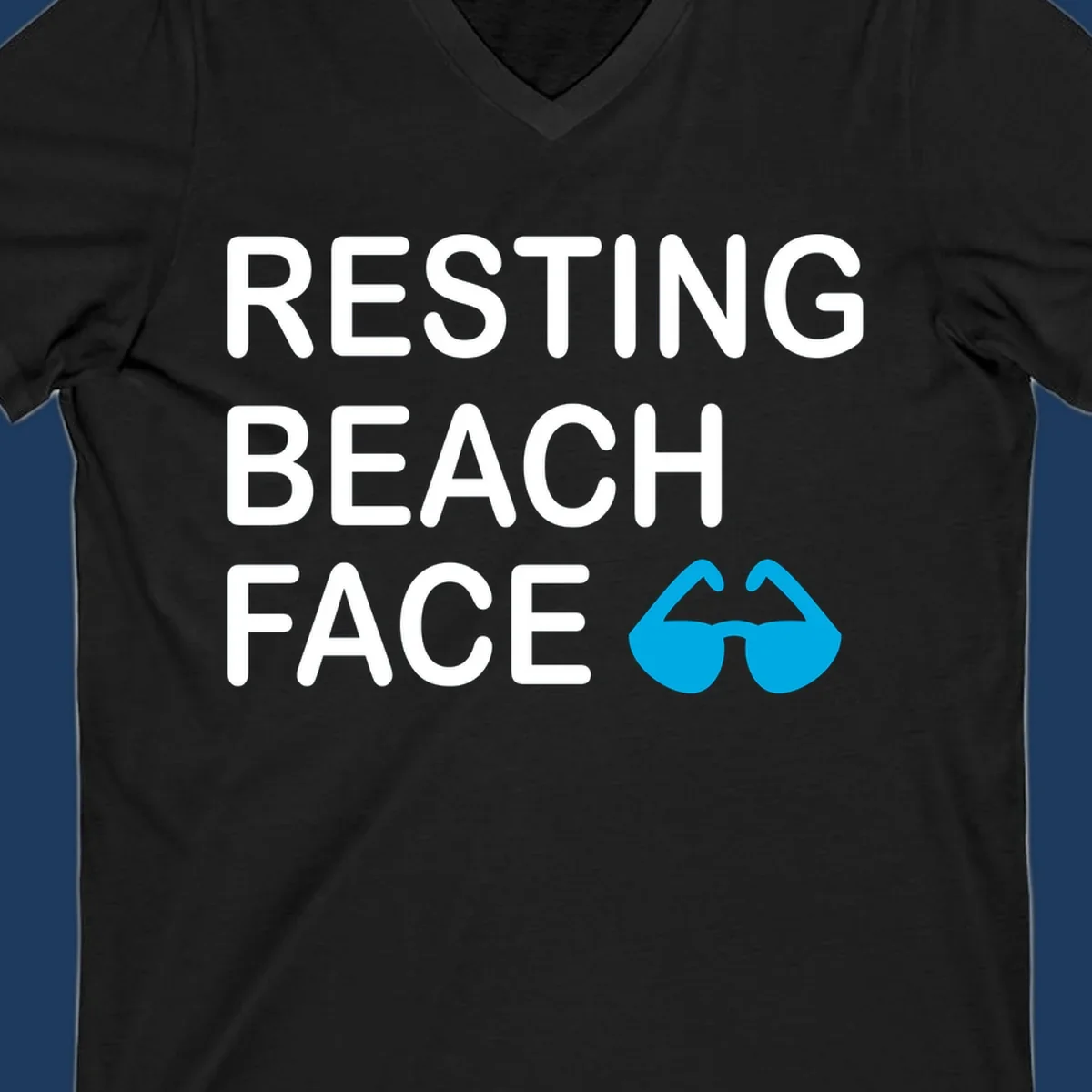 White text reading 'RESTING BEACH FACE' with a blue mustache graphic on gray background