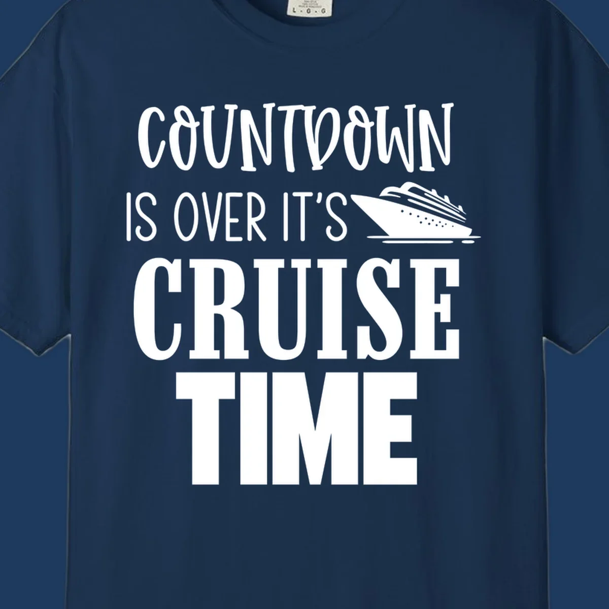 White text reading 'Countdown Is Over It's Cruise Time' with a cruise ship illustration on gray background