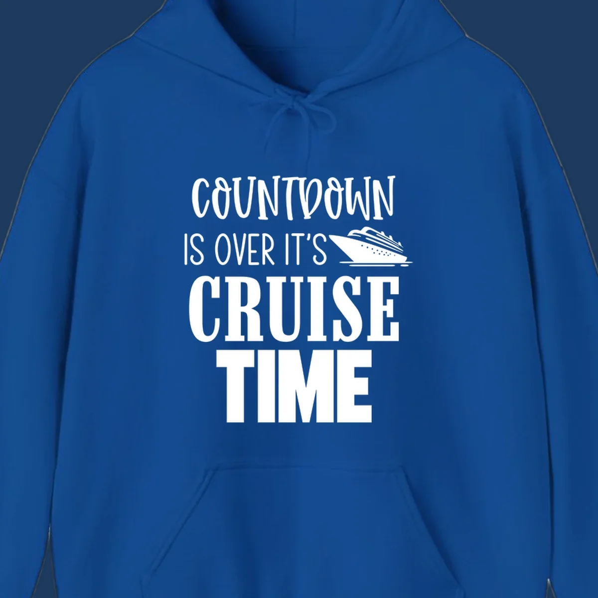 White text reading 'Countdown Is Over It's Cruise Time' with a cruise ship illustration on gray background