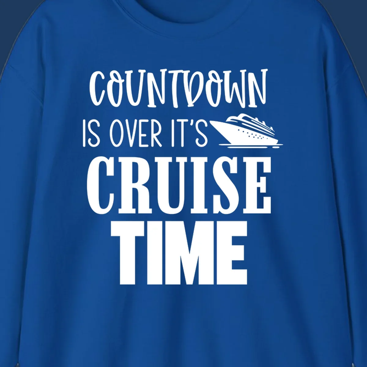 White text reading 'Countdown Is Over It's Cruise Time' with a cruise ship illustration on gray background
