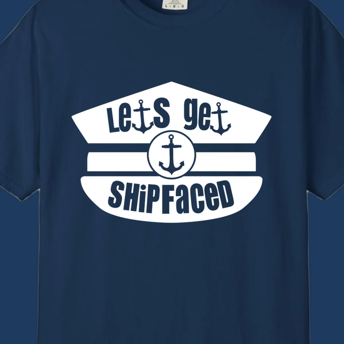 Vintage nautical design with 'Let's Get Shipfaced' text and anchor icons in gray and white