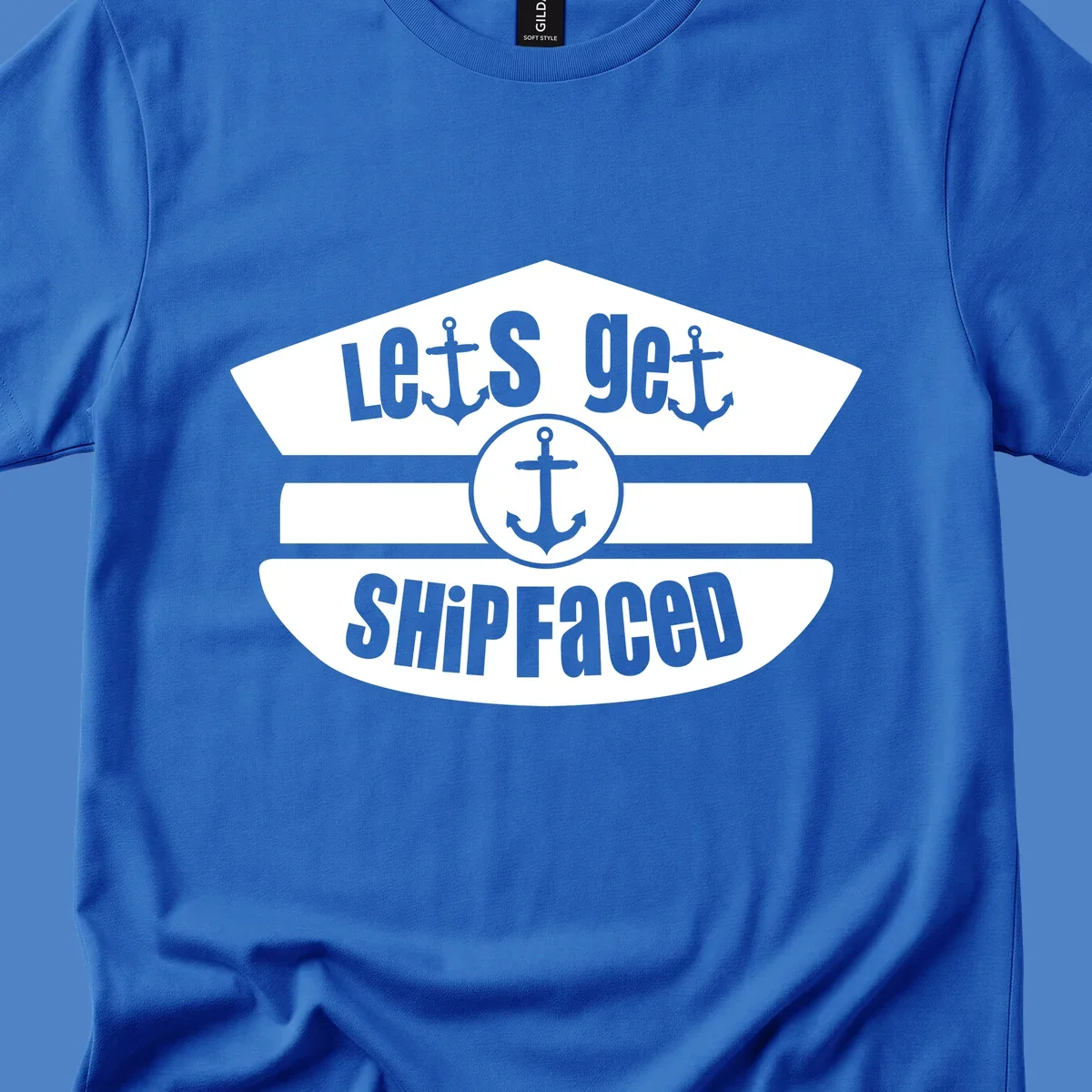 Vintage nautical design with 'Let's Get Shipfaced' text and anchor icons in gray and white