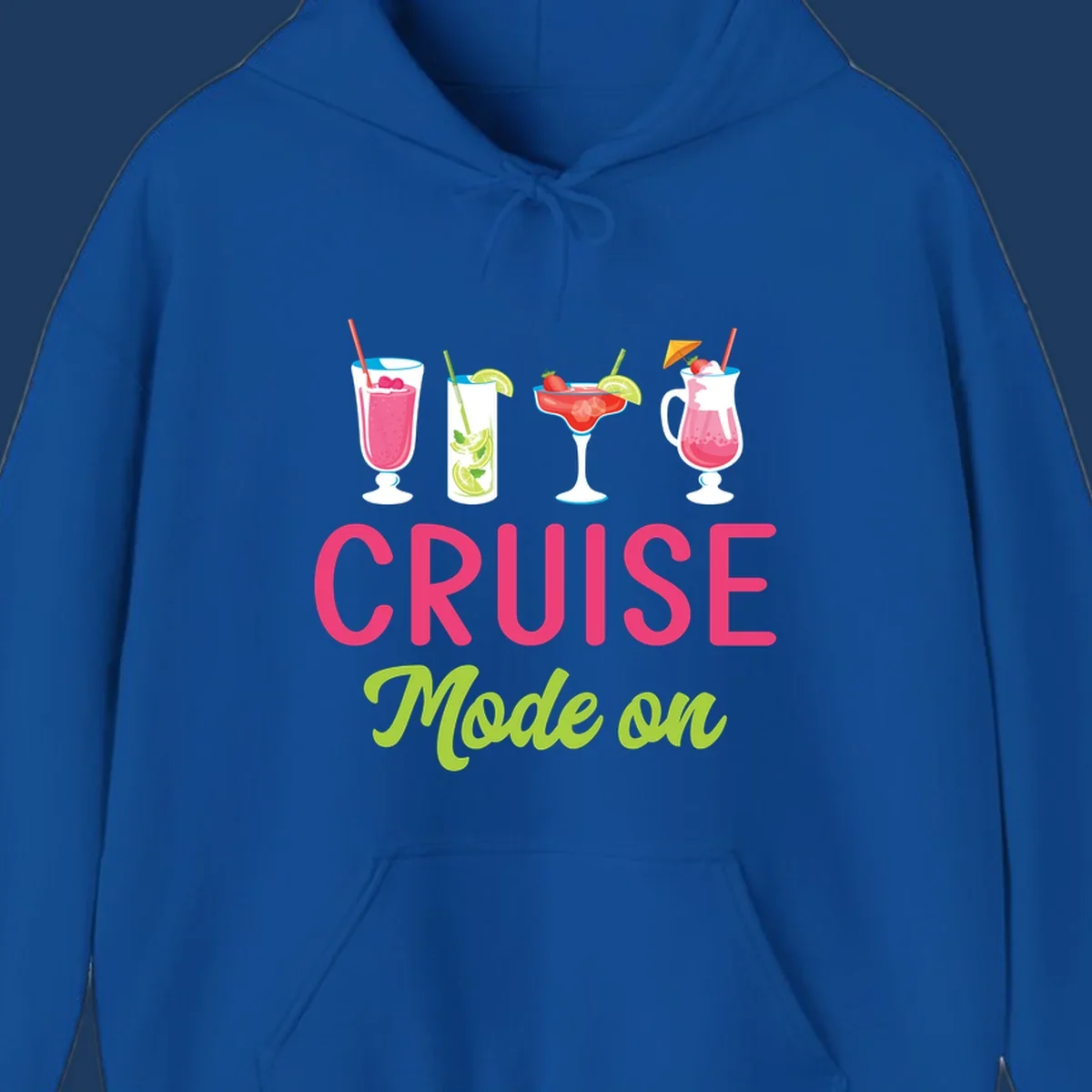 Cruise mode on design with four tropical cocktails and colorful lettering celebrating vacation mindset