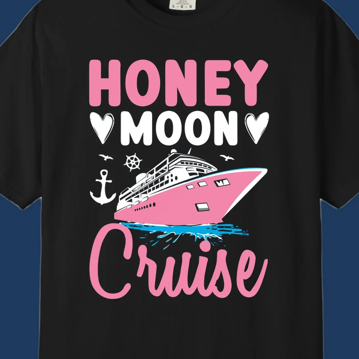 Honeymoon cruise ship design with pink vessel, hearts, anchor, and nautical elements on gray background