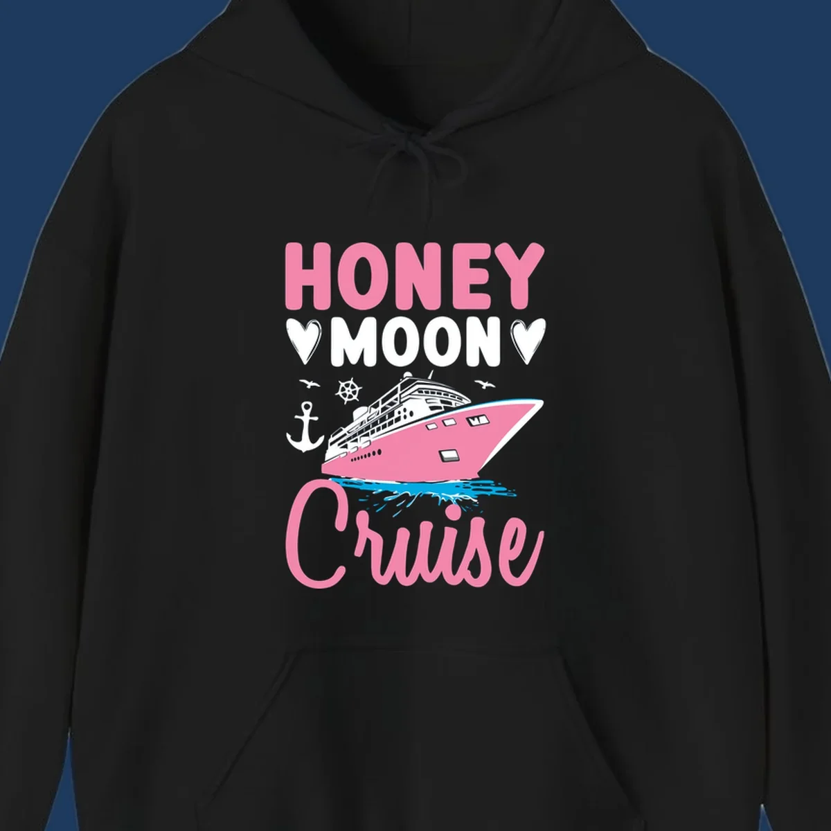 Honeymoon cruise ship design with pink vessel, hearts, anchor, and nautical elements on gray background