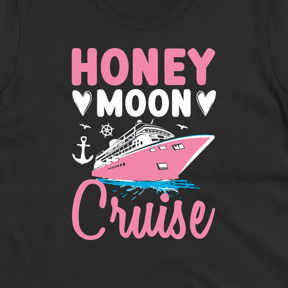 Honeymoon cruise ship design with pink vessel, hearts, anchor, and nautical elements on gray background