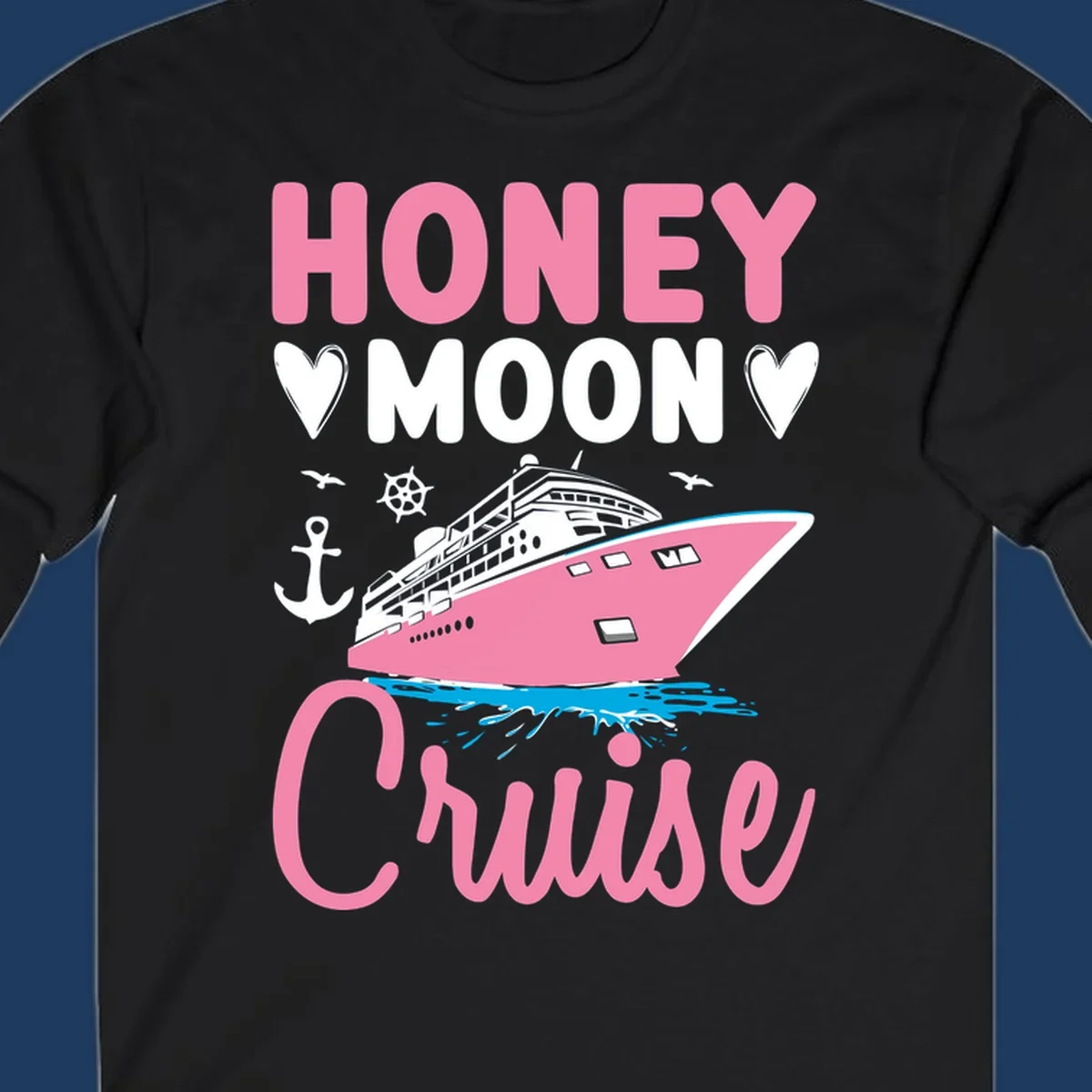 Honeymoon cruise ship design with pink vessel, hearts, anchor, and nautical elements on gray background