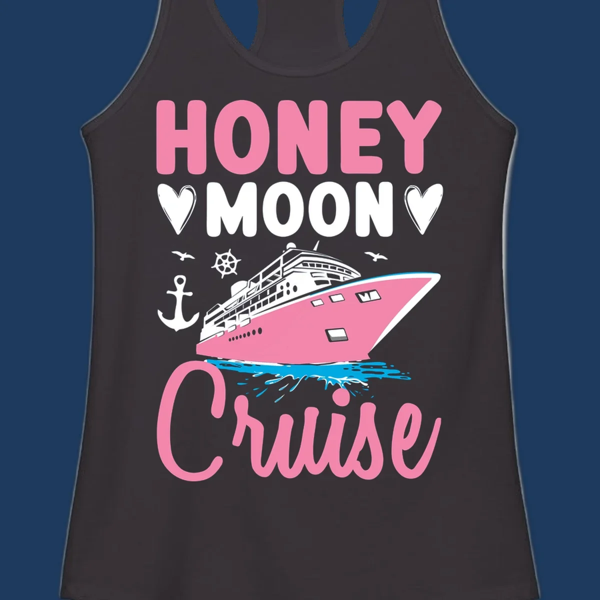 Honeymoon cruise ship design with pink vessel, hearts, anchor, and nautical elements on gray background