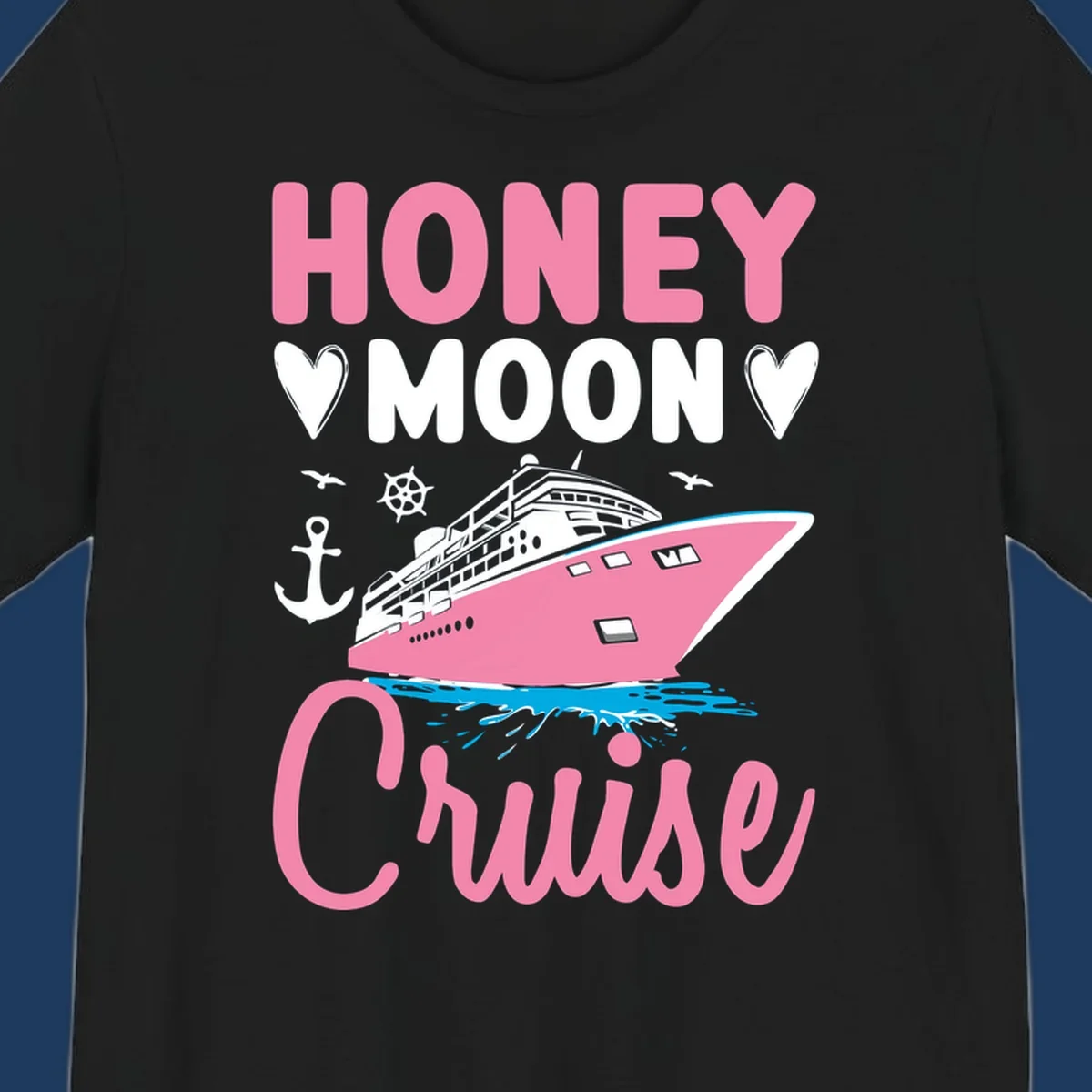 Honeymoon cruise ship design with pink vessel, hearts, anchor, and nautical elements on gray background
