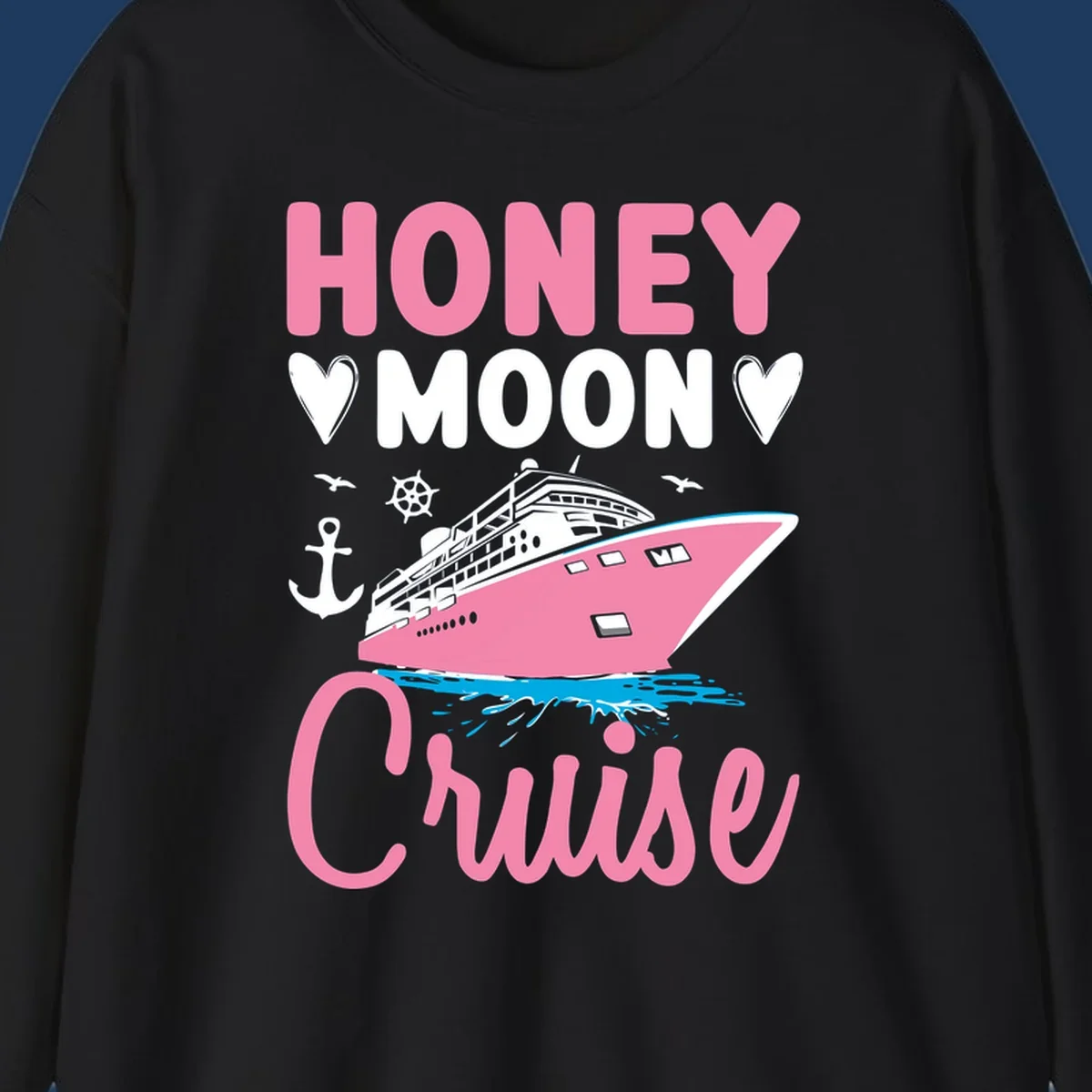 Honeymoon cruise ship design with pink vessel, hearts, anchor, and nautical elements on gray background