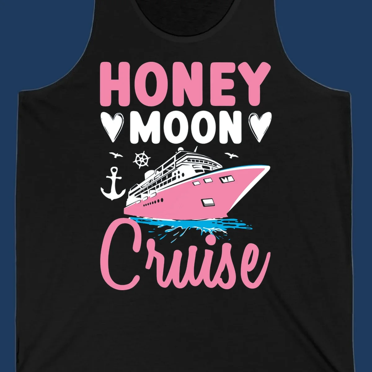 Honeymoon cruise ship design with pink vessel, hearts, anchor, and nautical elements on gray background