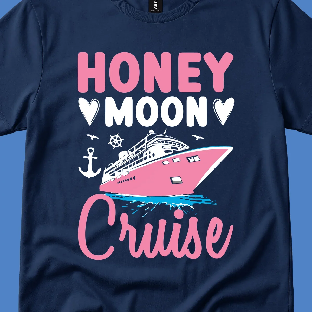Honeymoon cruise ship design with pink vessel, hearts, anchor, and nautical elements on gray background