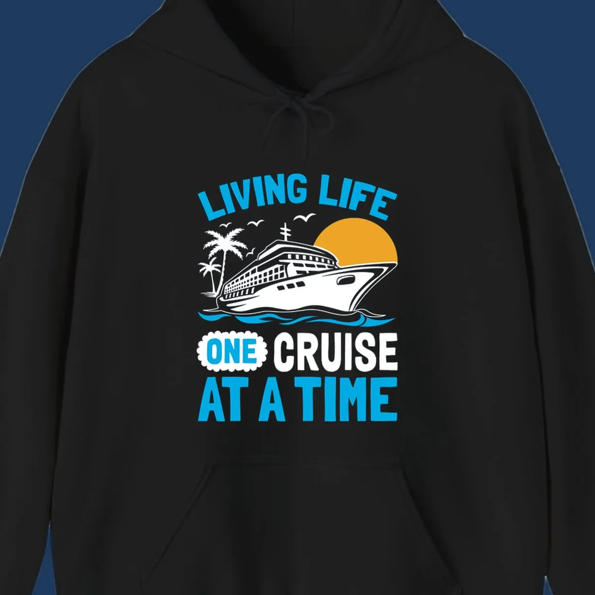 Living life one cruise at a time design with cruise ship, palm trees, sun, and ocean waves in cyan, white, and gold
