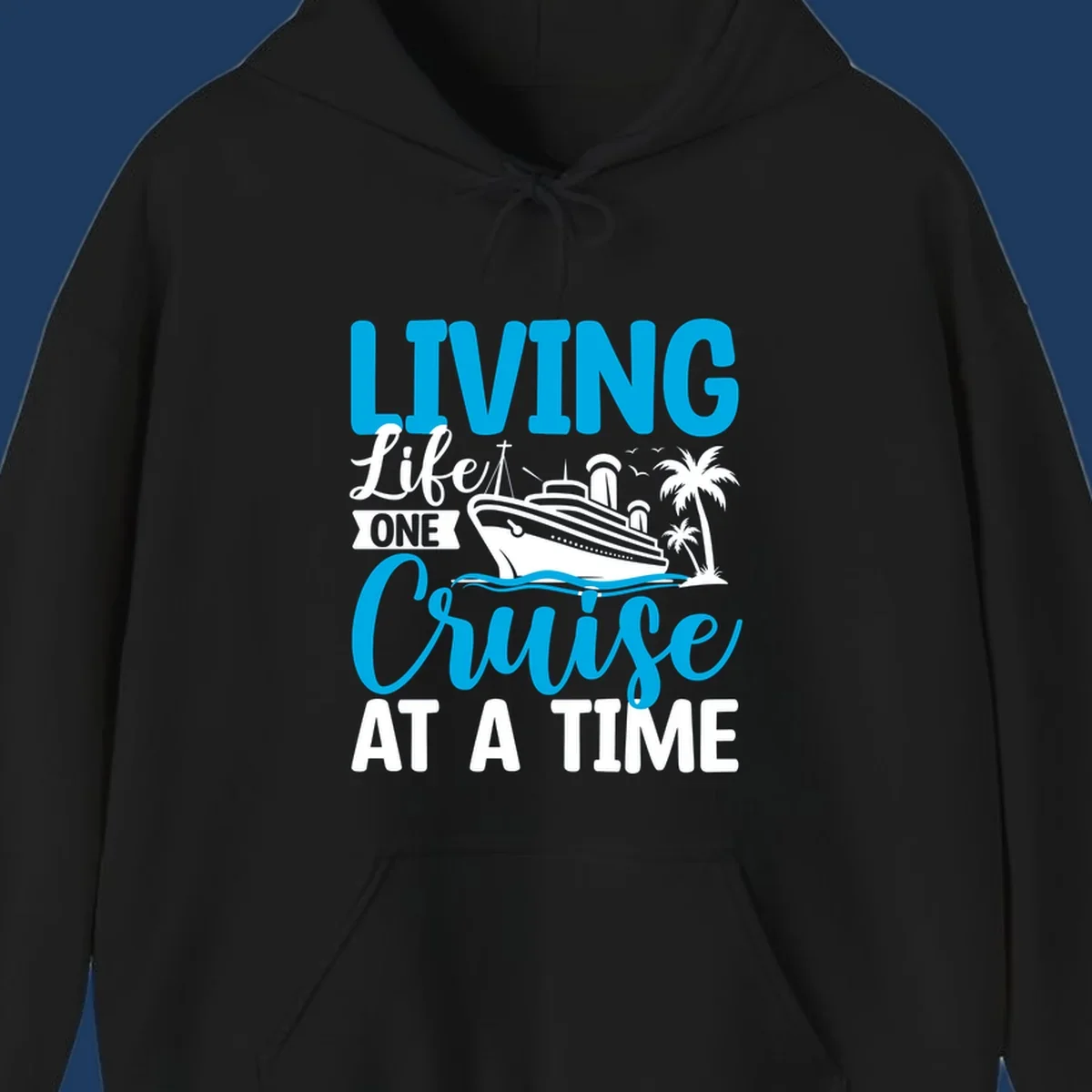 Cyan and white illustrated design with cruise ship, palm trees, and ocean waves, text reads 'Living Lifet One Cruise At A Time'