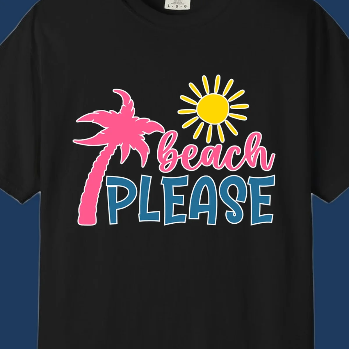 Beach please tropical design with hot pink palm tree, yellow sun, and text on gray background