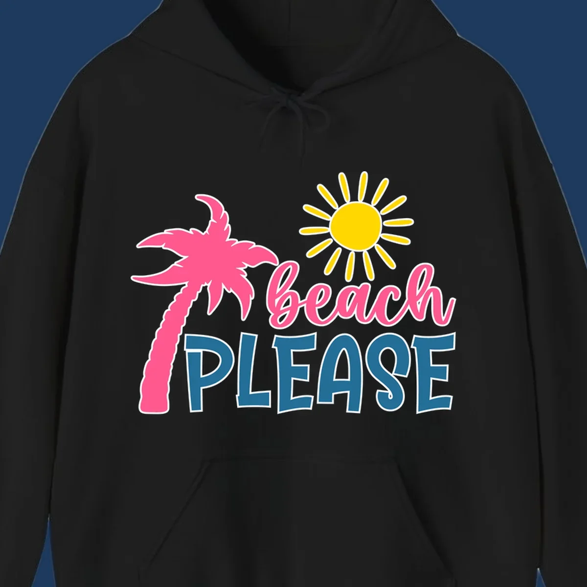 Beach please tropical design with hot pink palm tree, yellow sun, and text on gray background