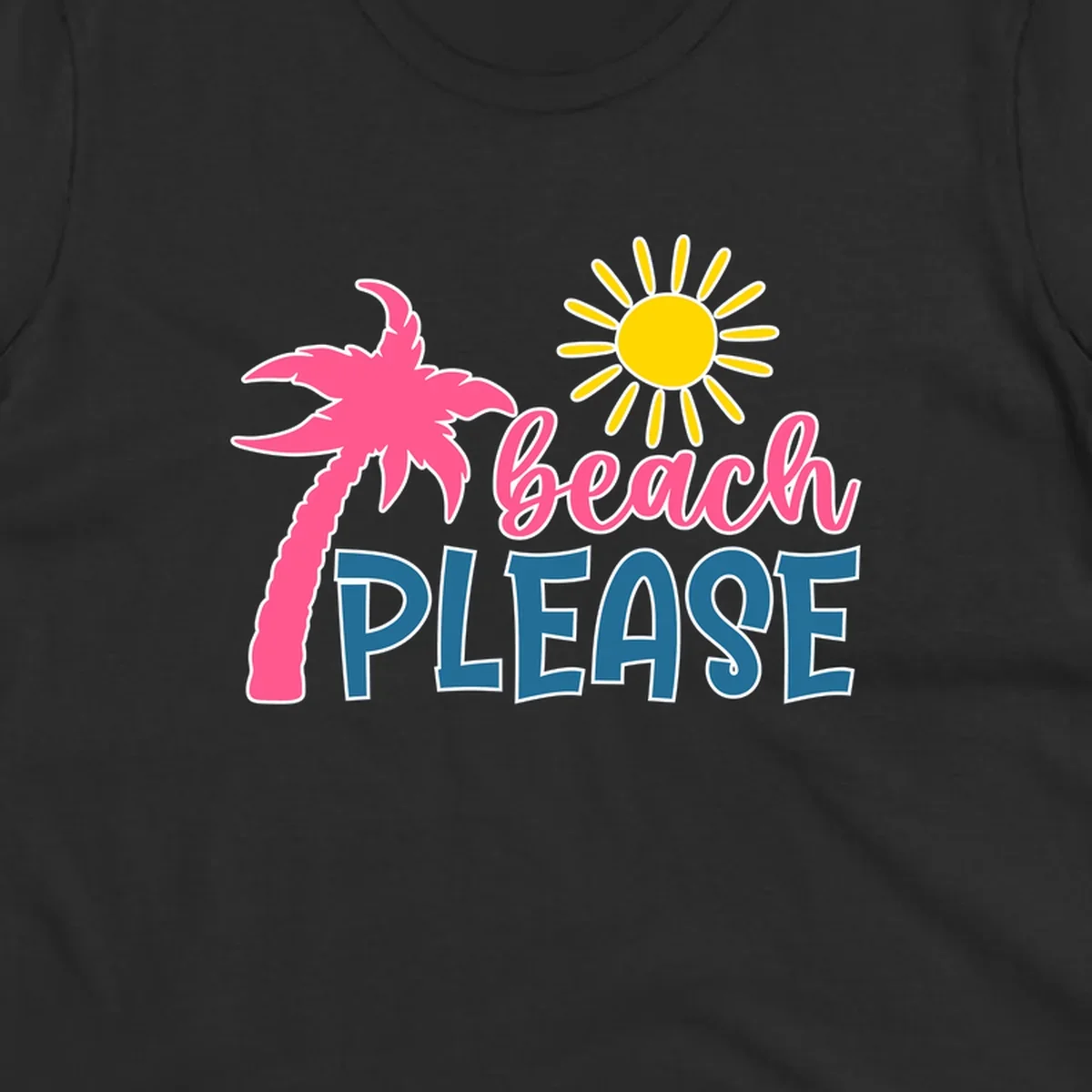 Beach please tropical design with hot pink palm tree, yellow sun, and text on gray background