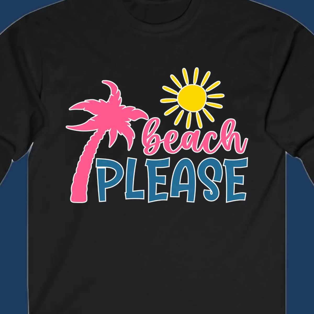 Beach please tropical design with hot pink palm tree, yellow sun, and text on gray background