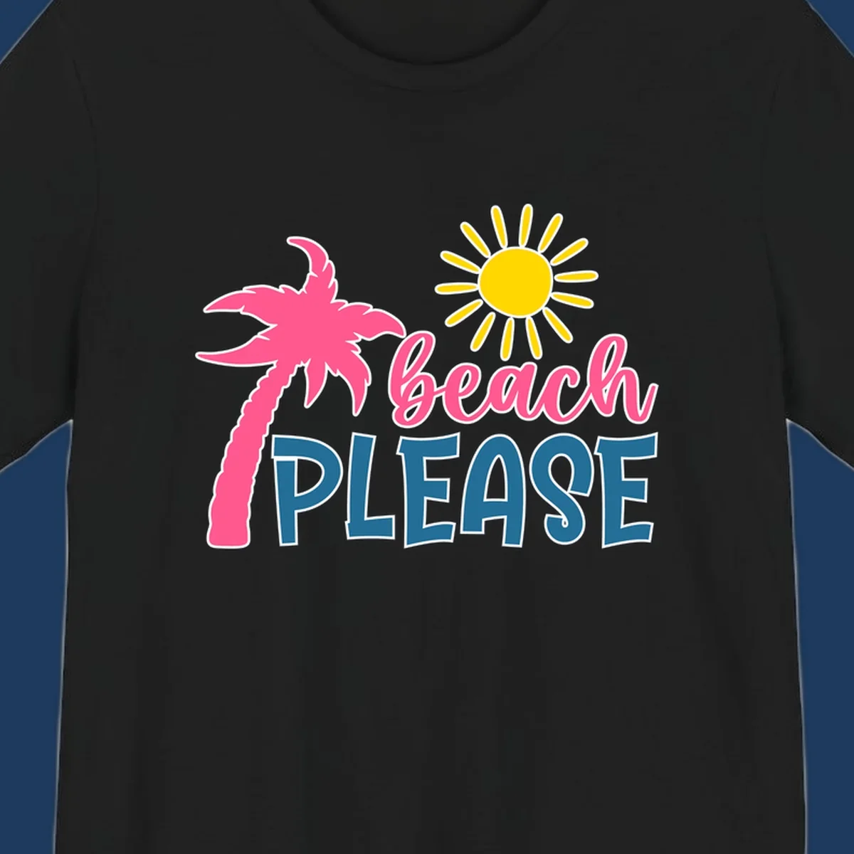 Beach please tropical design with hot pink palm tree, yellow sun, and text on gray background