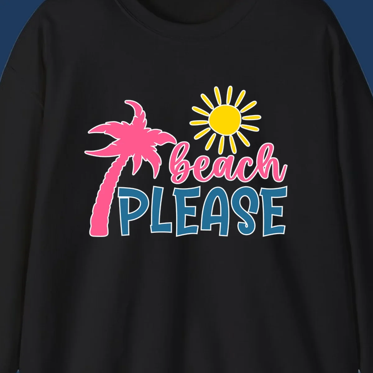 Beach please tropical design with hot pink palm tree, yellow sun, and text on gray background