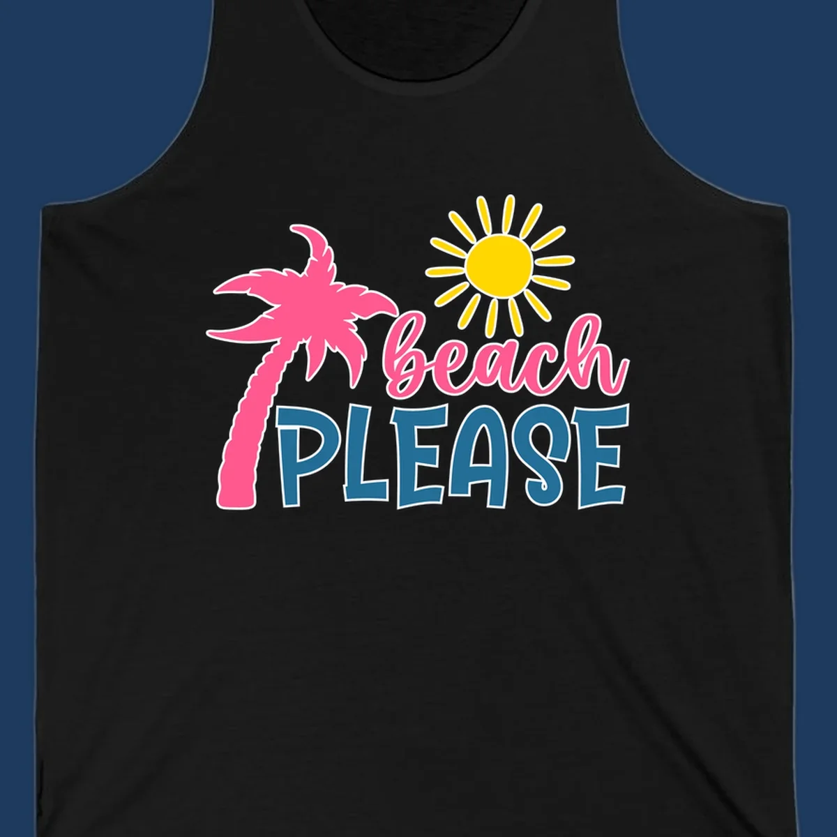 Beach please tropical design with hot pink palm tree, yellow sun, and text on gray background