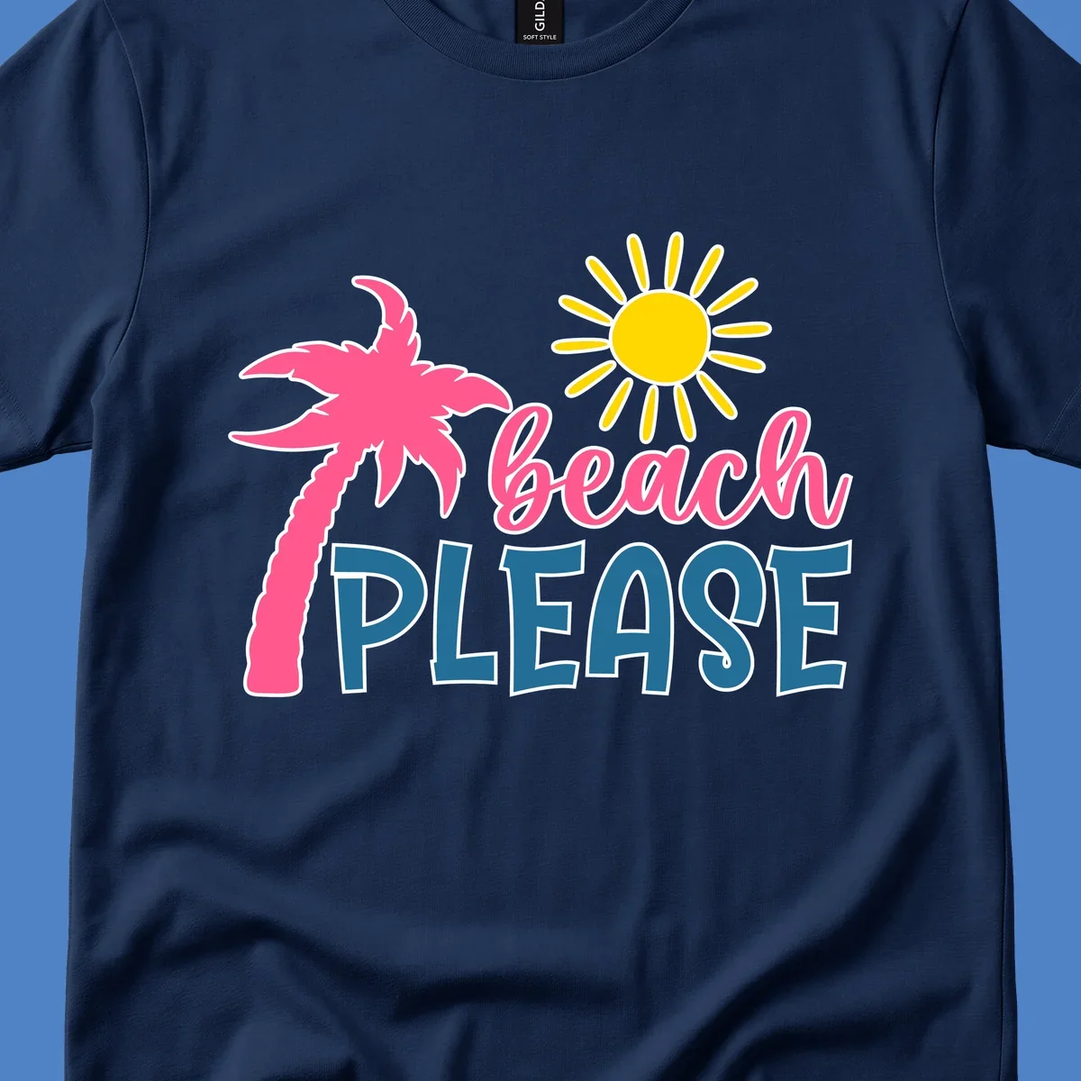 Beach please tropical design with hot pink palm tree, yellow sun, and text on gray background