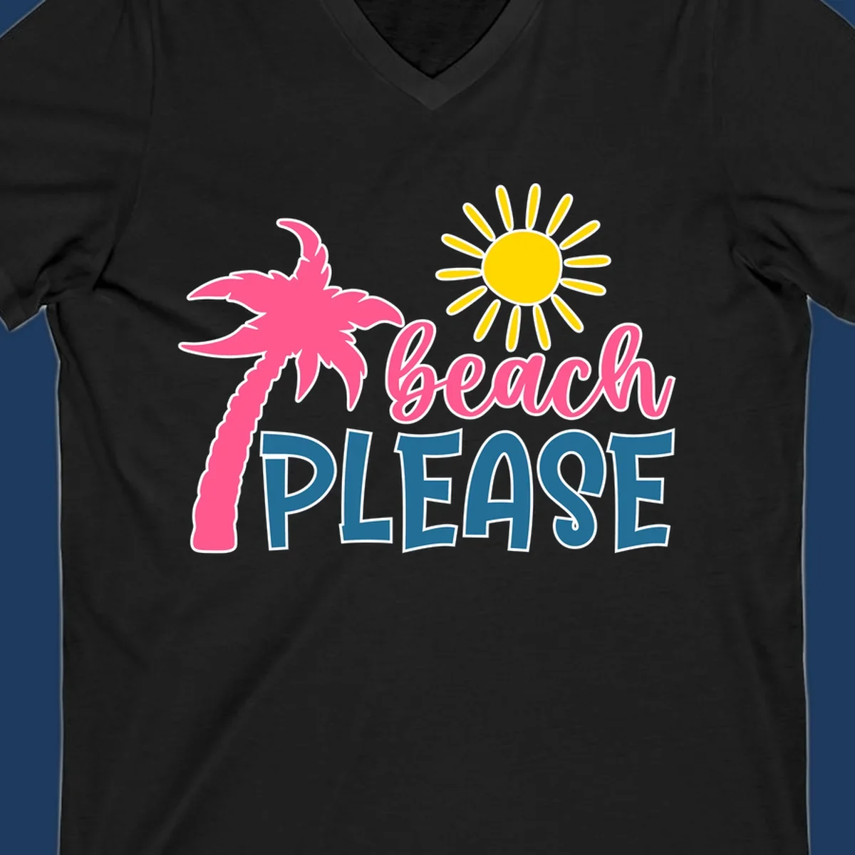 Beach please tropical design with hot pink palm tree, yellow sun, and text on gray background