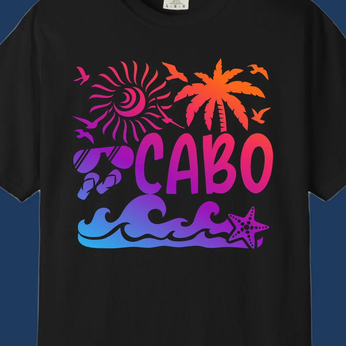 Cabo tropical sunset design with palm tree, ocean waves, starfish, and colorful gradient from blue to orange