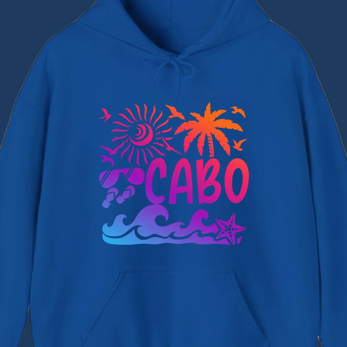 Cabo tropical sunset design with palm tree, ocean waves, starfish, and colorful gradient from blue to orange
