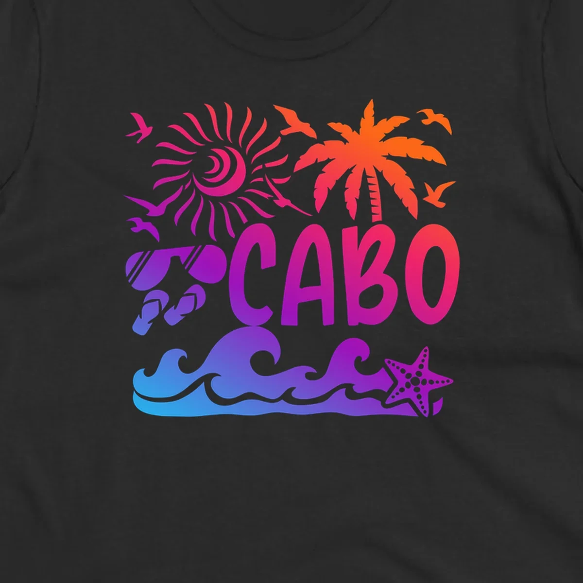 Cabo tropical sunset design with palm tree, ocean waves, starfish, and colorful gradient from blue to orange