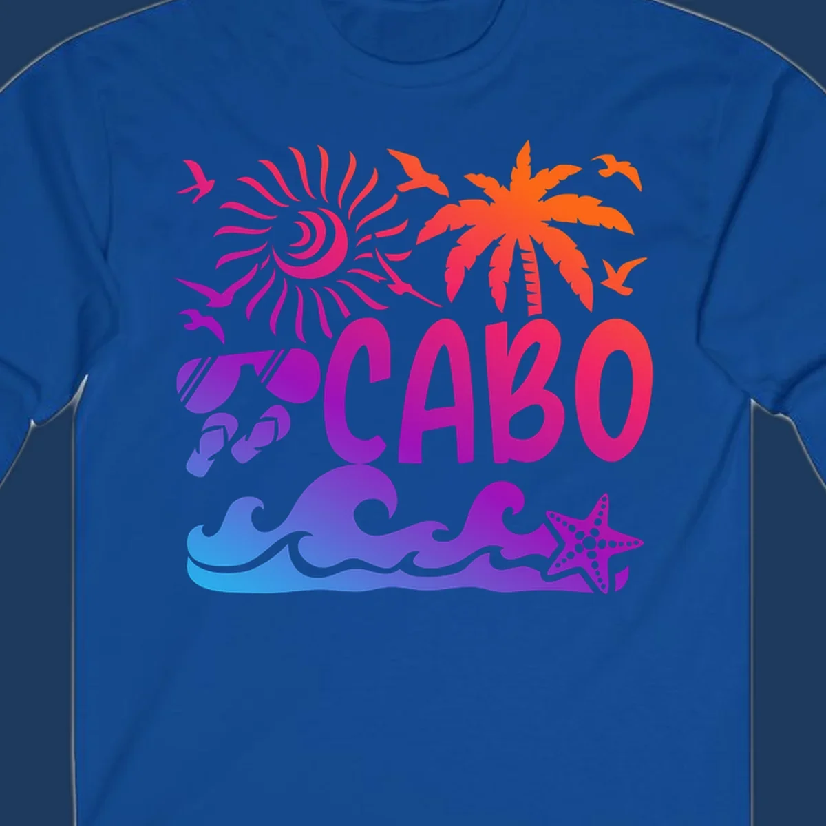Cabo tropical sunset design with palm tree, ocean waves, starfish, and colorful gradient from blue to orange