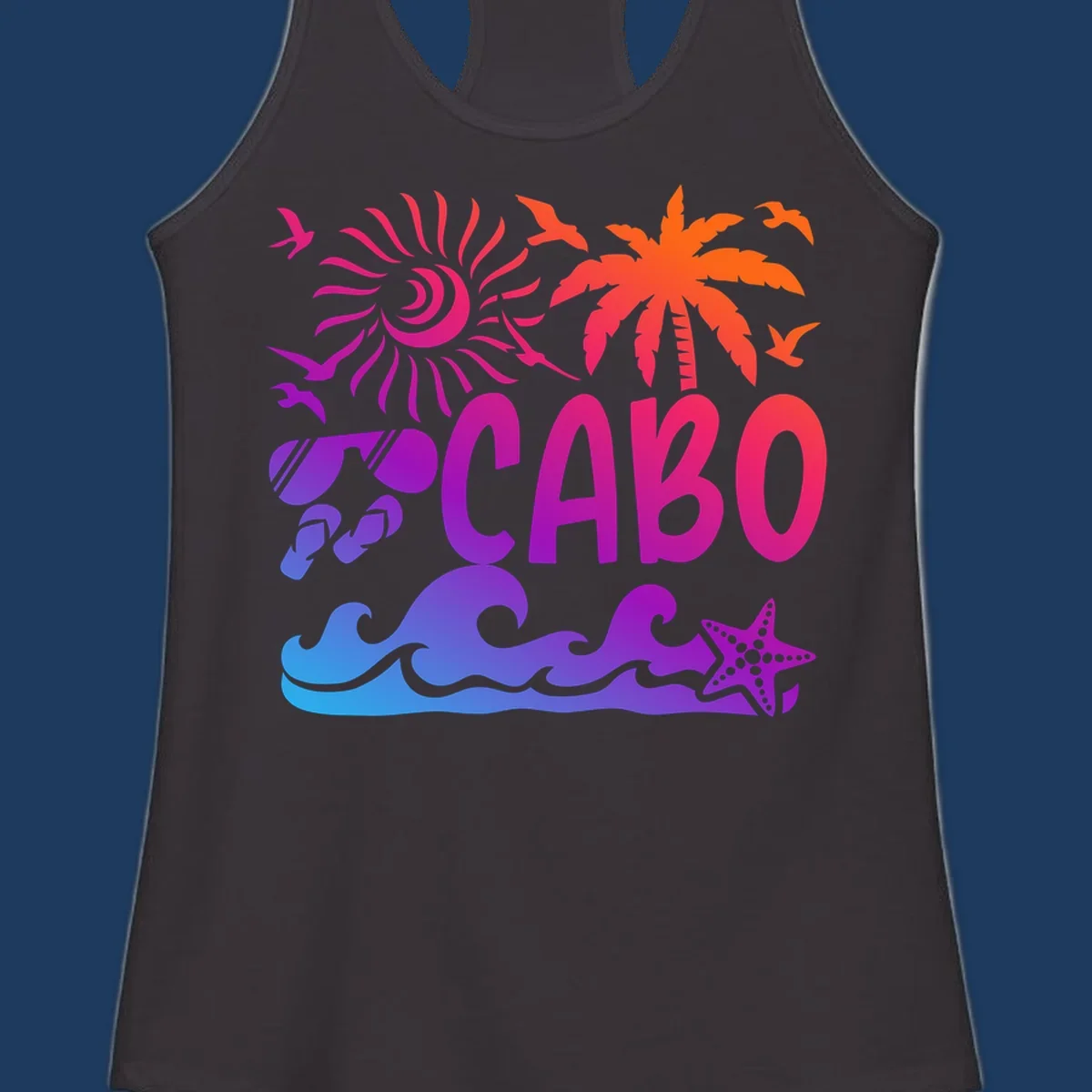 Cabo tropical sunset design with palm tree, ocean waves, starfish, and colorful gradient from blue to orange