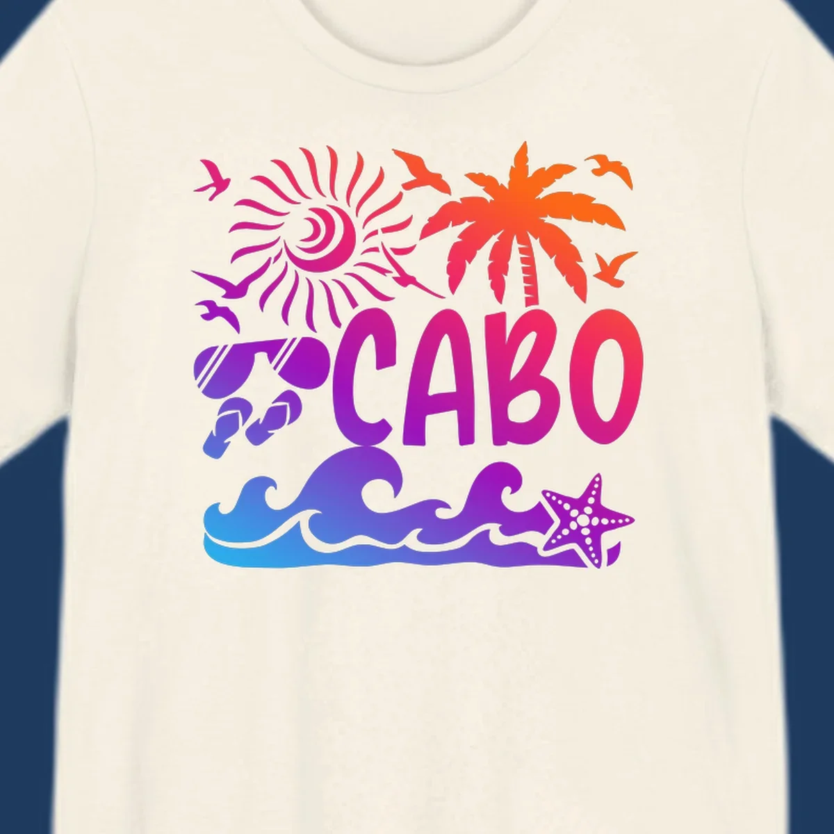 Cabo tropical sunset design with palm tree, ocean waves, starfish, and colorful gradient from blue to orange
