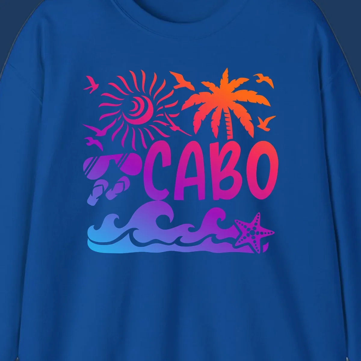 Cabo tropical sunset design with palm tree, ocean waves, starfish, and colorful gradient from blue to orange