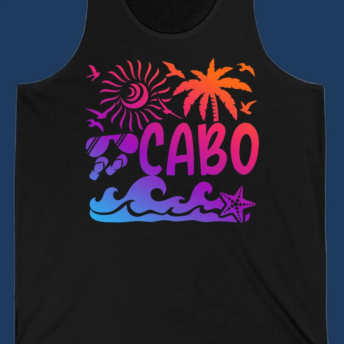 Cabo tropical sunset design with palm tree, ocean waves, starfish, and colorful gradient from blue to orange