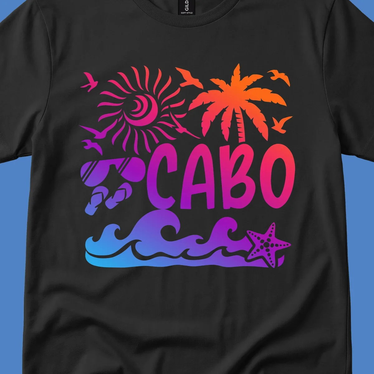 Cabo tropical sunset design with palm tree, ocean waves, starfish, and colorful gradient from blue to orange