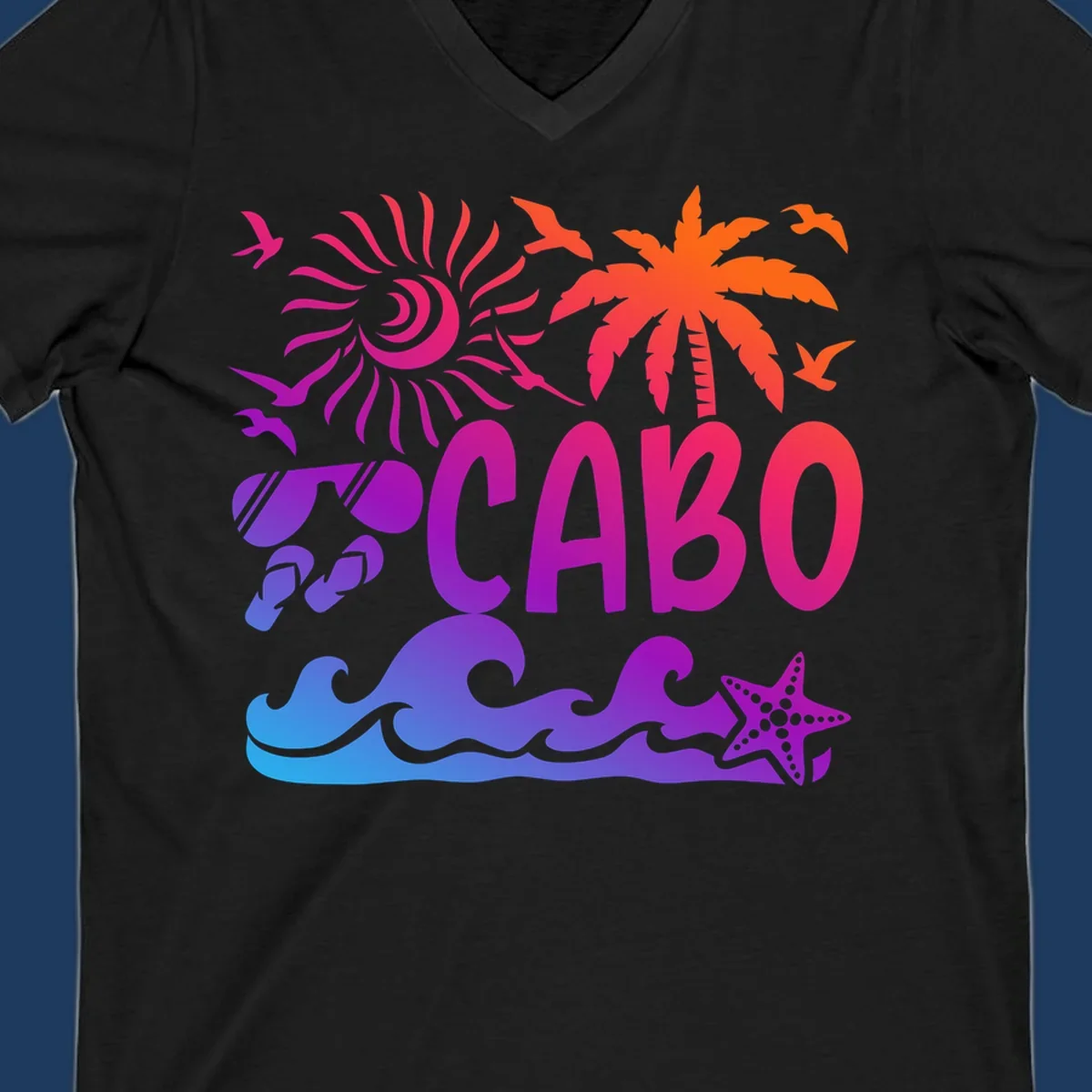 Cabo tropical sunset design with palm tree, ocean waves, starfish, and colorful gradient from blue to orange
