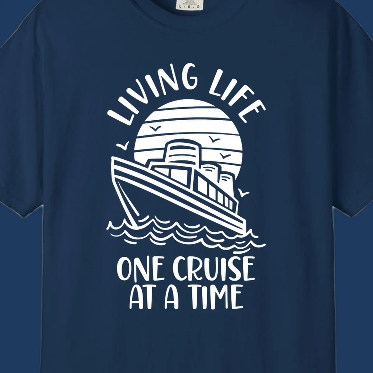 Line art illustration of a cruise ship on ocean waves with sunset, text reading 'Living Life One Cruise At A Time'
