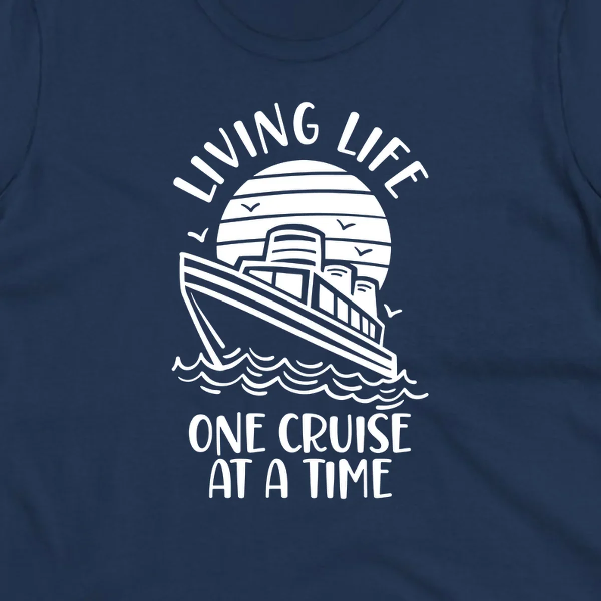 Line art illustration of a cruise ship on ocean waves with sunset, text reading 'Living Life One Cruise At A Time'