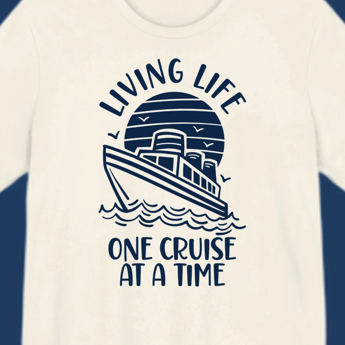 Line art illustration of a cruise ship on ocean waves with sunset, text reading 'Living Life One Cruise At A Time'