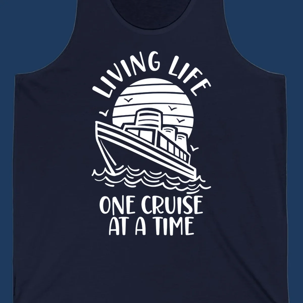 Line art illustration of a cruise ship on ocean waves with sunset, text reading 'Living Life One Cruise At A Time'