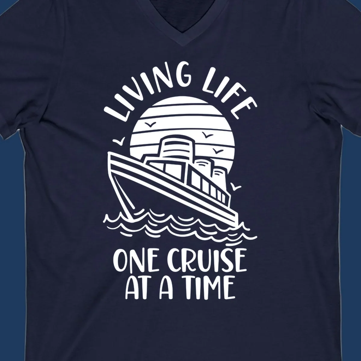 Line art illustration of a cruise ship on ocean waves with sunset, text reading 'Living Life One Cruise At A Time'