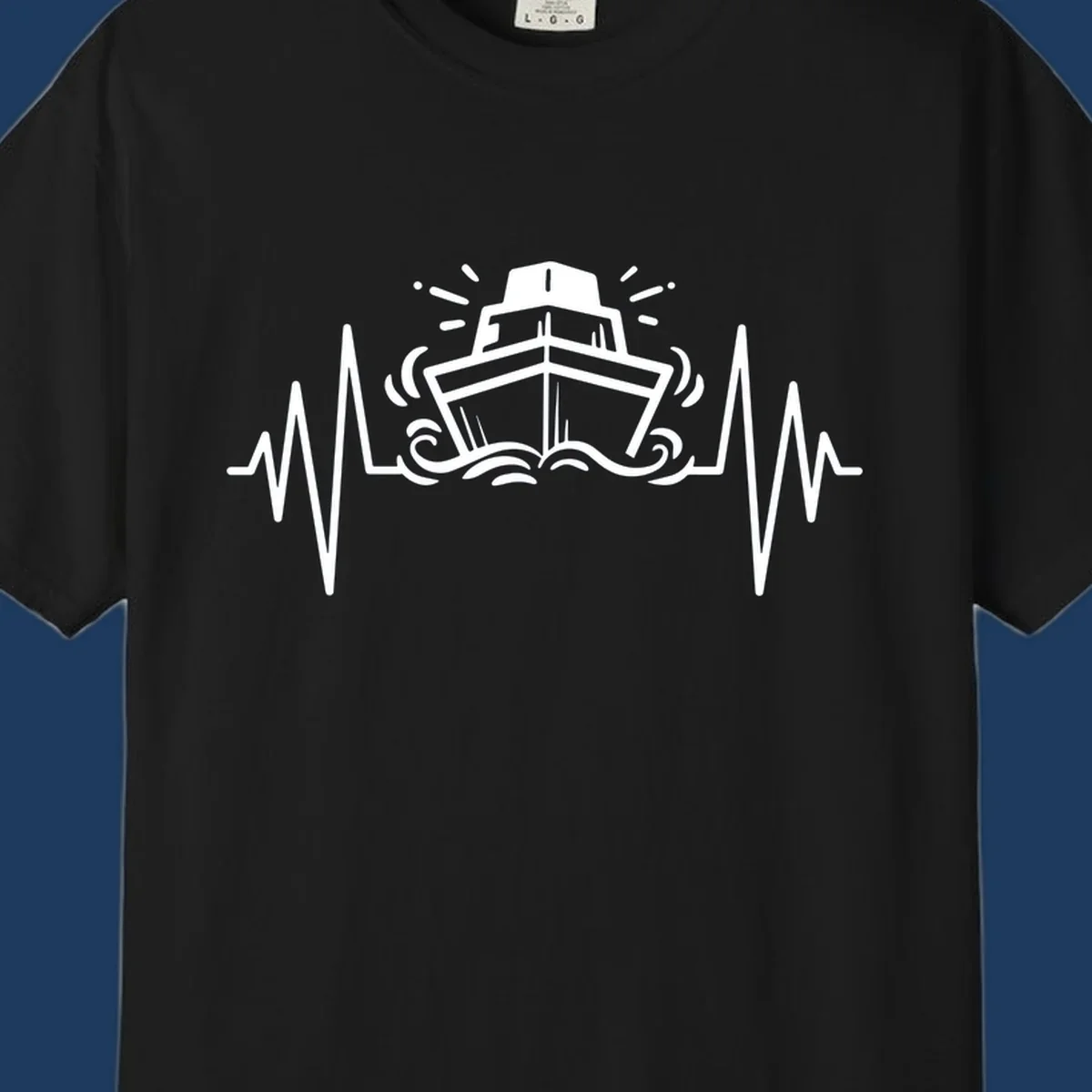 White line illustration of a cruise ship with heartbeat EKG lines extending from both sides and ocean waves below, on gray background.