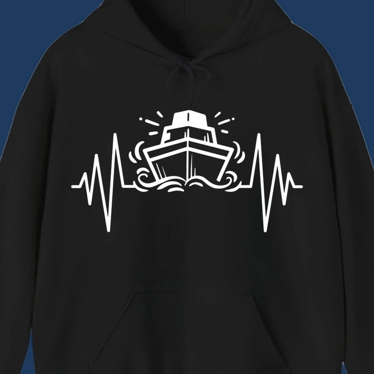 White line illustration of a cruise ship with heartbeat EKG lines extending from both sides and ocean waves below, on gray background.