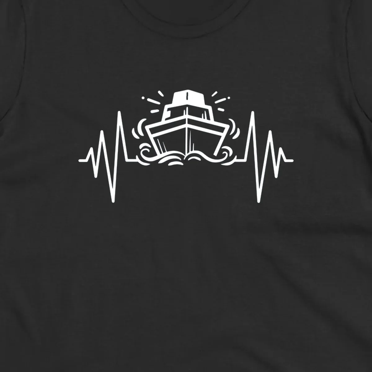 White line illustration of a cruise ship with heartbeat EKG lines extending from both sides and ocean waves below, on gray background.