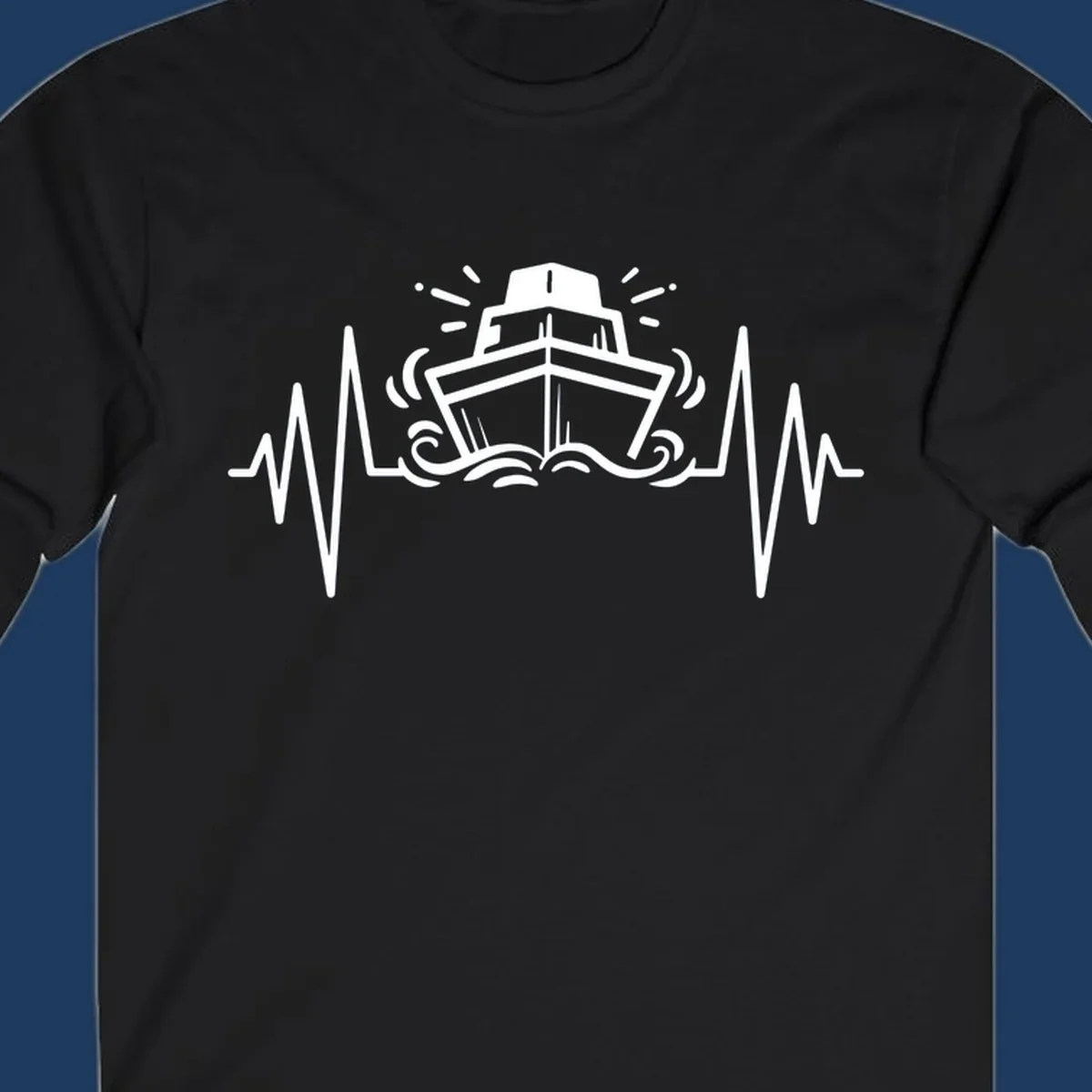White line illustration of a cruise ship with heartbeat EKG lines extending from both sides and ocean waves below, on gray background.