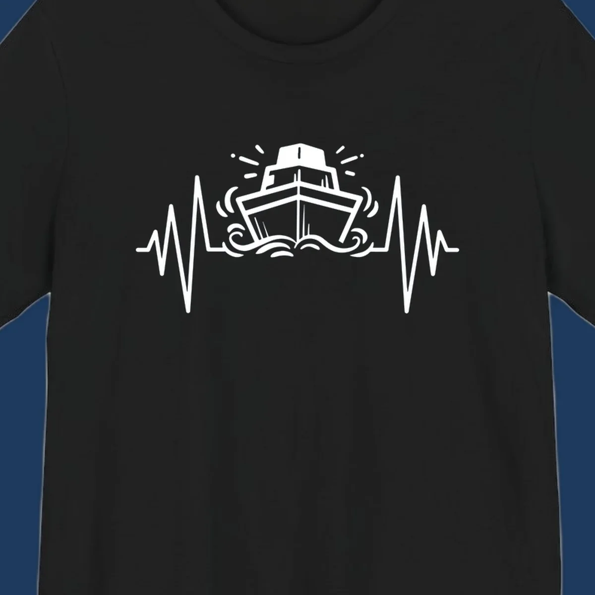 White line illustration of a cruise ship with heartbeat EKG lines extending from both sides and ocean waves below, on gray background.