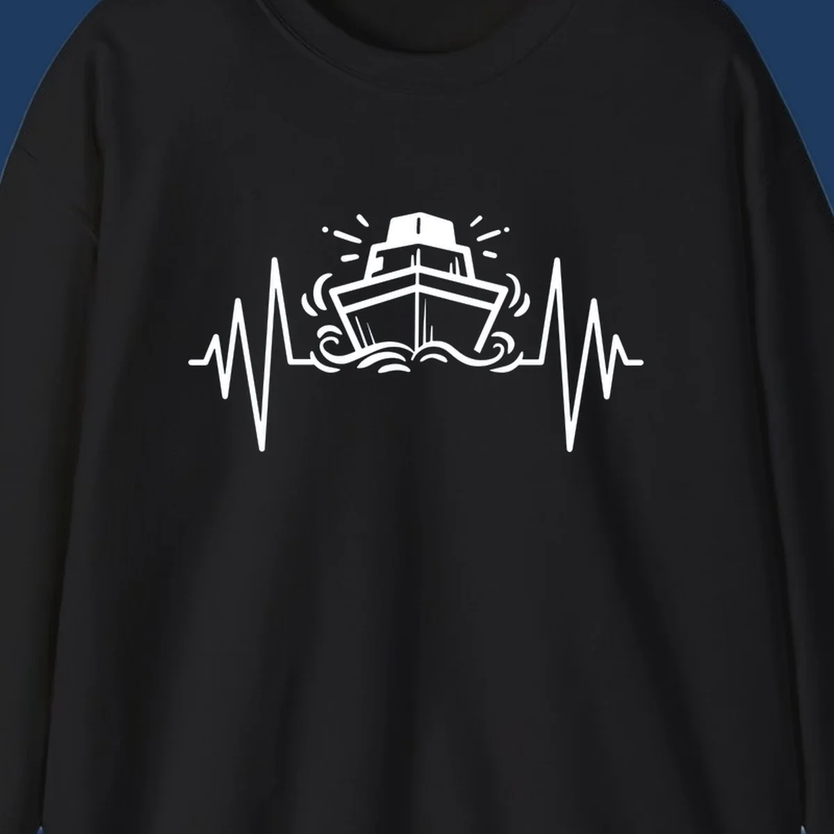 White line illustration of a cruise ship with heartbeat EKG lines extending from both sides and ocean waves below, on gray background.